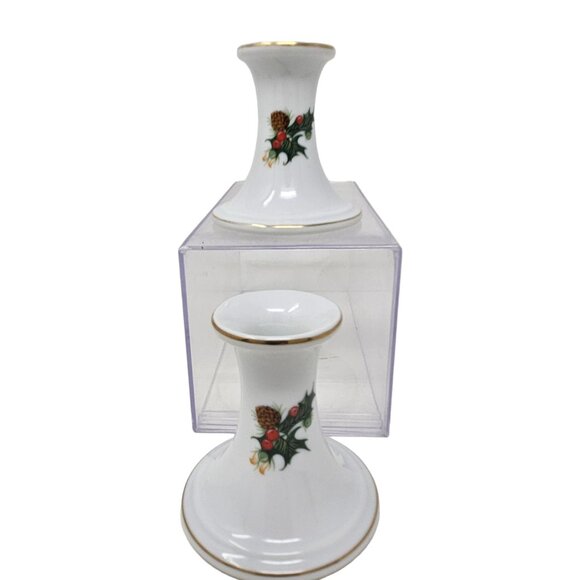 Vtg 80s Christmas Decor Woolworth Candlesticks Holly Berries Pine Cones Japan - Picture 2 of 9